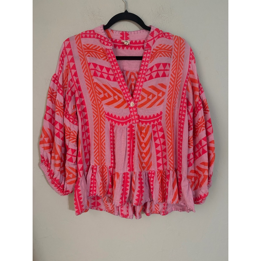 Sea NY Pink Orange Geometric Print V-Neck Balloon Sleeve Peplum Blouse M